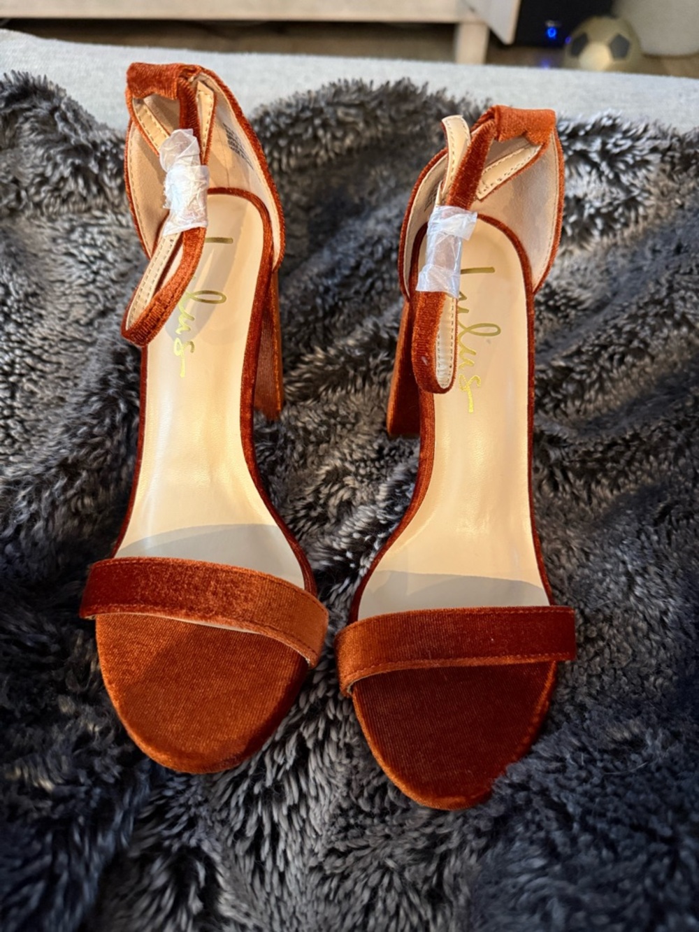 Velvet Ankle-Strap Block Heel Sandals - Rust
